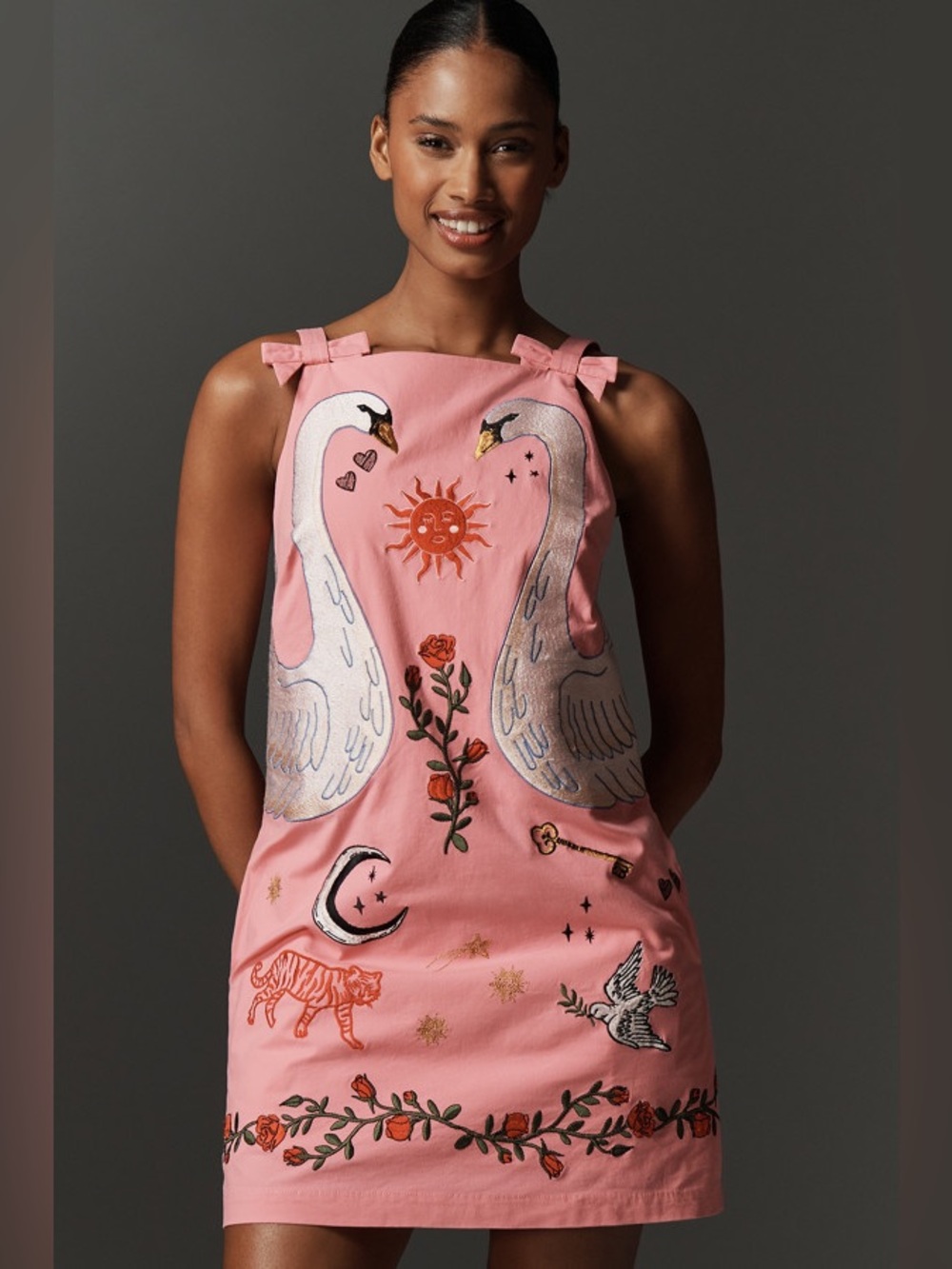 Anthropologie Pink Embroidered Swan Mini Dress